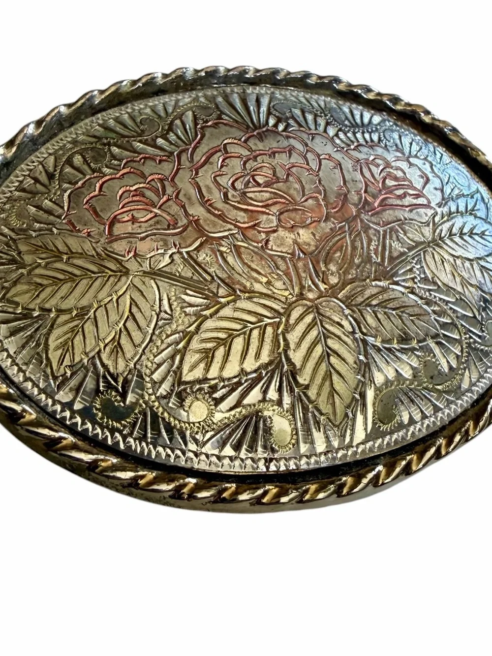 Vintage Silver-tone Small Oval Etched Rose Western Belt Buckle Dainty Feminine